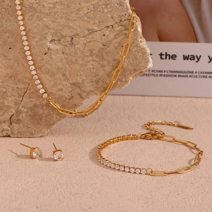 BowLift | 18k Paperclip Chain Tennis Necklace, Bracelet, and Earrings