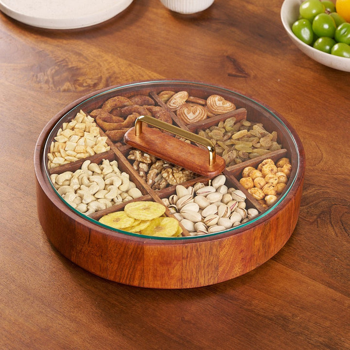 BowLift | BambooSpin – 9-Compartment Serving Tray with Rotating Lid | Premium Bamboo Snack Platter
