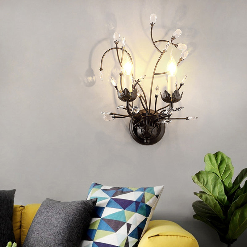 BowLift | 2-Lamp Candle Holder Wall Lamp Fixture Minimalism Black Crystal Wall Lamp with Branched Design