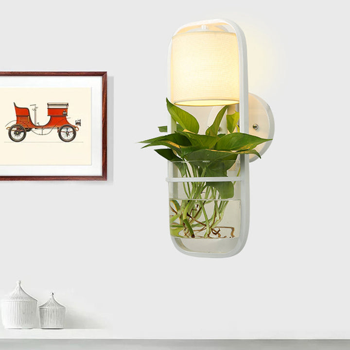BowLift | 1 Bulb Cylindrical Wall Lamp Lodge Black/White/Gold Fabric Wall Light with Warm/White Light and Plant Pot