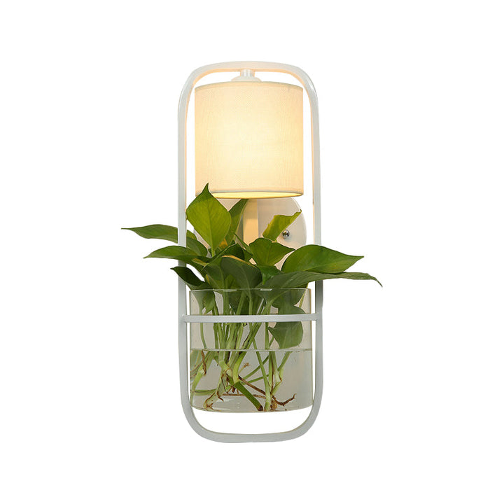 BowLift | 1 Bulb Cylindrical Wall Lamp Lodge Black/White/Gold Fabric Wall Light with Warm/White Light and Plant Pot