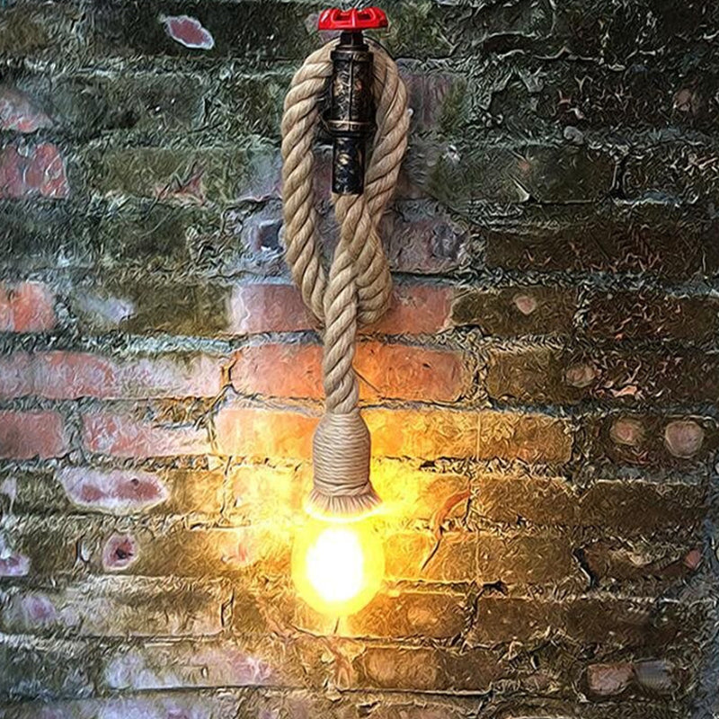 BowLift | Industrial Faucet Wall Lamp 1-Light Hemp Rope Wall Mounted Lamp in Brown for Wine Bar