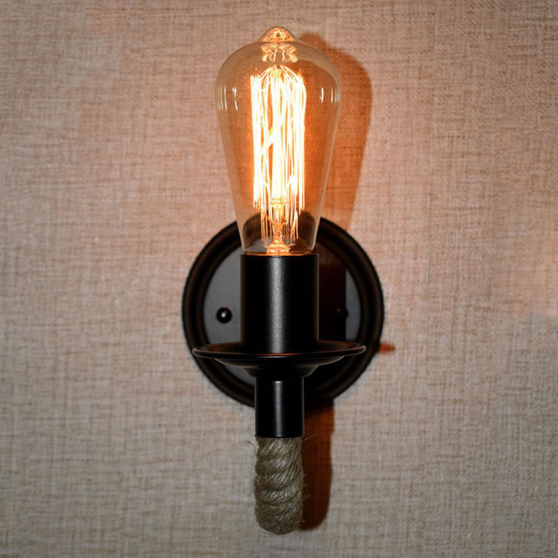 BowLift | Black 1 Bulb Wall Lamp Fixture Lodge Metal Oval/Round Back Plate Wall Light with Curved Rope Arm