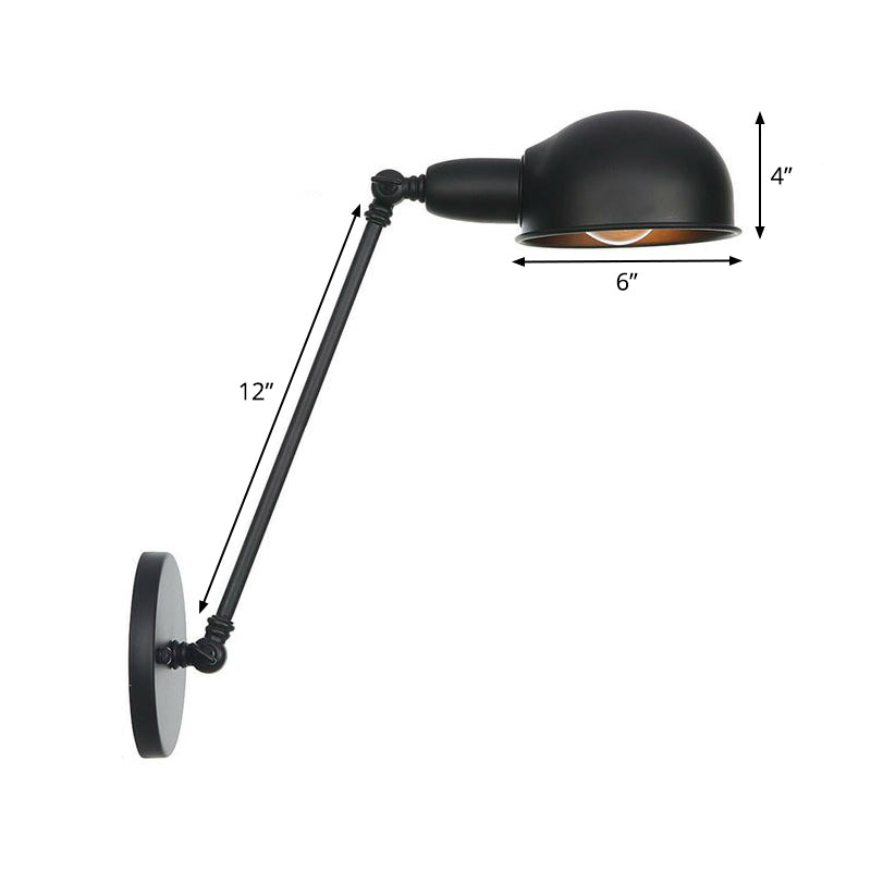 BowLift | Industrial Dome-Shaped Wall Lamp Kit Single Bulb Iron Wall Mount Lighting Fixture with Swing Arm in Black, 6"+6"/12"+6" W