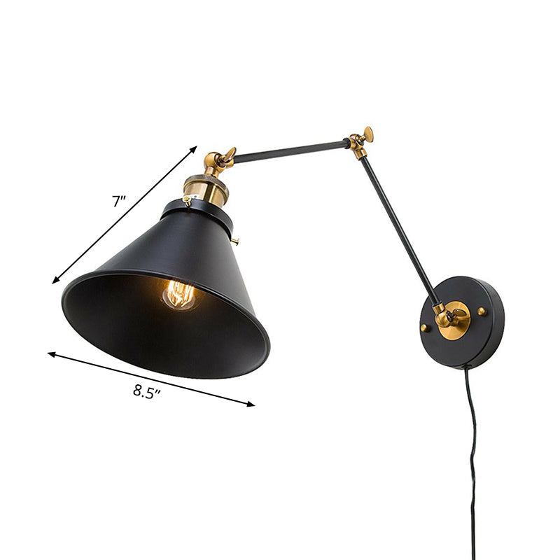 BowLift | Iron Black Finish Reading Wall Lamp Roll-Edge Conical Single Industrial Plug/Plug-less Wall Lighting with Swingarm