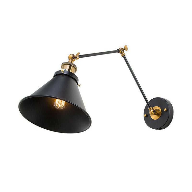 BowLift | Iron Black Finish Reading Wall Lamp Roll-Edge Conical Single Industrial Plug/Plug-less Wall Lighting with Swingarm