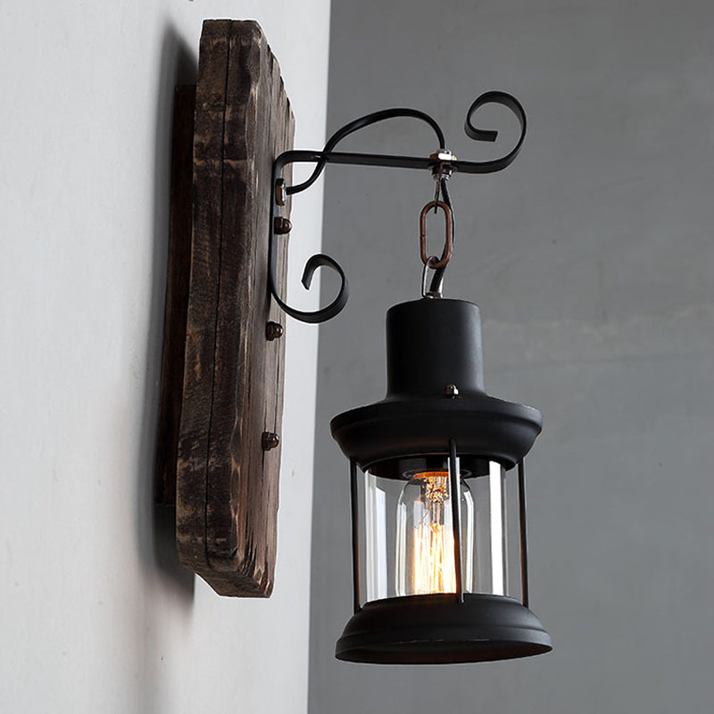 BowLift | 1-Light Lantern Wall Light Kit Landscape Brown Clear Glass Wall Pendant Lamp with Rectangular/Semi-Circular Wood Backplate