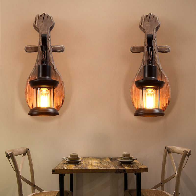 BowLift | 1-Light Lantern Wall Light Kit Landscape Brown Clear Glass Wall Pendant Lamp with Rectangular/Semi-Circular Wood Backplate