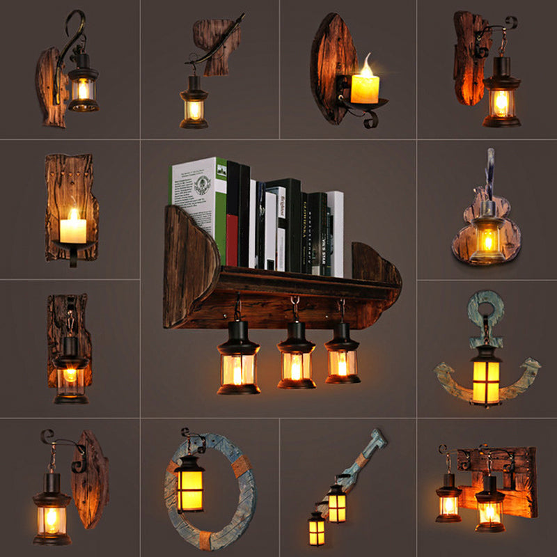 BowLift | Oval/Fish-shaped Wooden Wall Sconce Light Rustic 1 Head Kitchen Wall-mounted Lamp with Candle/Lantern in Brown