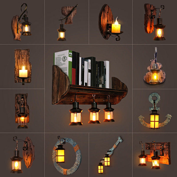 BowLift | Oval/Fish-shaped Wooden Wall Sconce Light Rustic 1 Head Kitchen Wall-mounted Lamp with Candle/Lantern in Brown