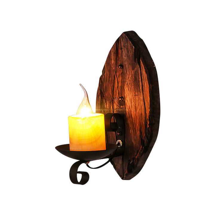 BowLift | Oval/Fish-shaped Wooden Wall Sconce Light Rustic 1 Head Kitchen Wall-mounted Lamp with Candle/Lantern in Brown