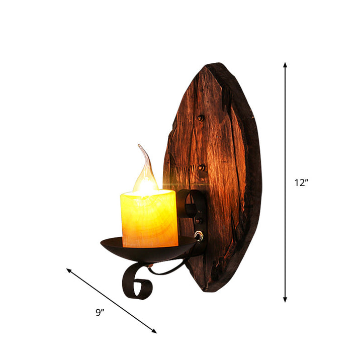 BowLift | Oval/Fish-shaped Wooden Wall Sconce Light Rustic 1 Head Kitchen Wall-mounted Lamp with Candle/Lantern in Brown
