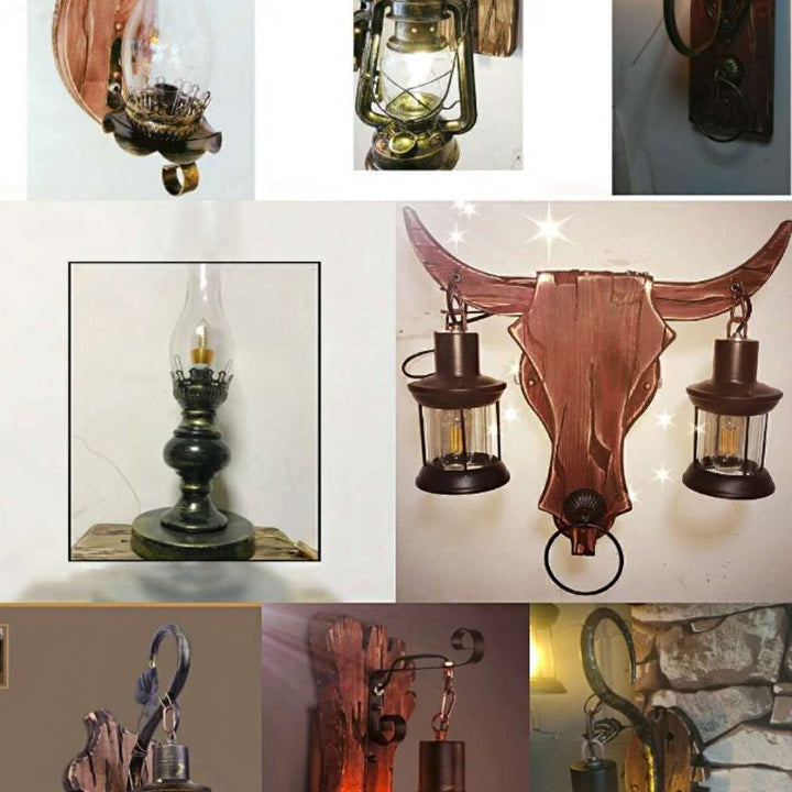 BowLift | 1/2-Light Clear Glass Wall Lamp Rustic Brown Lantern/Kerosene Kitchen Wall Mount Light with Ox/Oval Wooden Backplate
