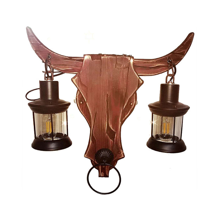 BowLift | 1/2-Light Clear Glass Wall Lamp Rustic Brown Lantern/Kerosene Kitchen Wall Mount Light with Ox/Oval Wooden Backplate