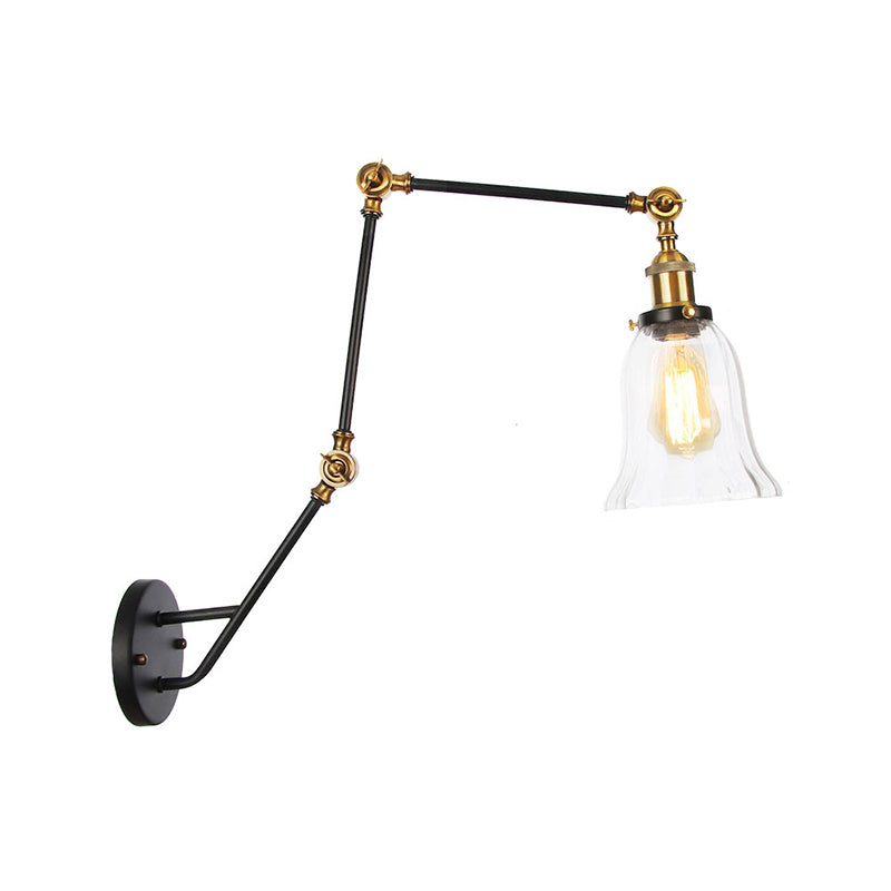 BowLift | Adjustable 3-Joint Arm Iron Wall Lamp Industry 1 Head Bedroom Wall Reading Light with Globe/Saucer Clear Glass Shade