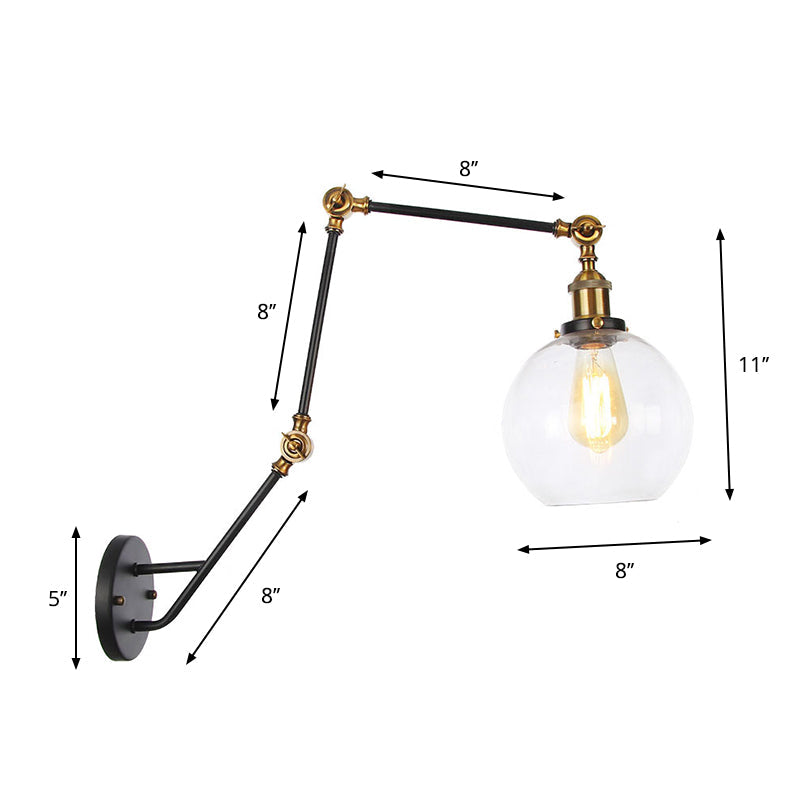 BowLift | Adjustable 3-Joint Arm Iron Wall Lamp Industry 1 Head Bedroom Wall Reading Light with Globe/Saucer Clear Glass Shade