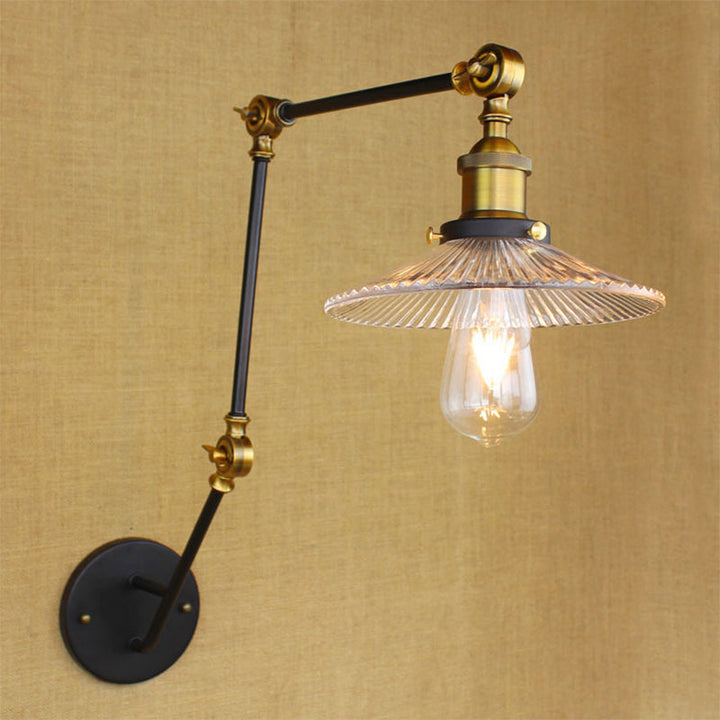 BowLift | Adjustable 3-Joint Arm Iron Wall Lamp Industry 1 Head Bedroom Wall Reading Light with Globe/Saucer Clear Glass Shade