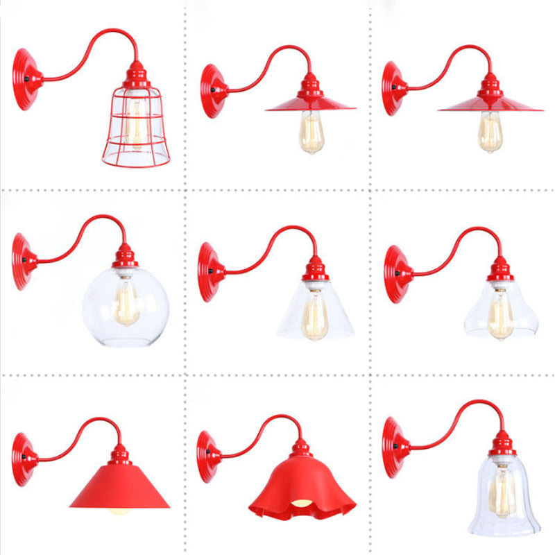 BowLift | Iron Red Wall Lighting Kit Gooseneck 1 Bulb Loft Style Wall Lighting with Cone/Sphere/Bell Clear Glass Shade
