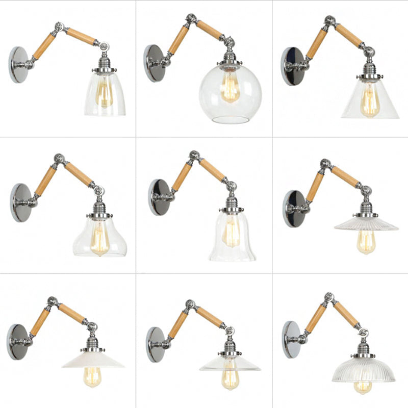 BowLift | Brown-Silver 1-Bulb Reading Wall Light Loft Clear Glass Bulb/Plate/Bell Shade Wall Lighting with Wood 2-Joint Adjustable Arm