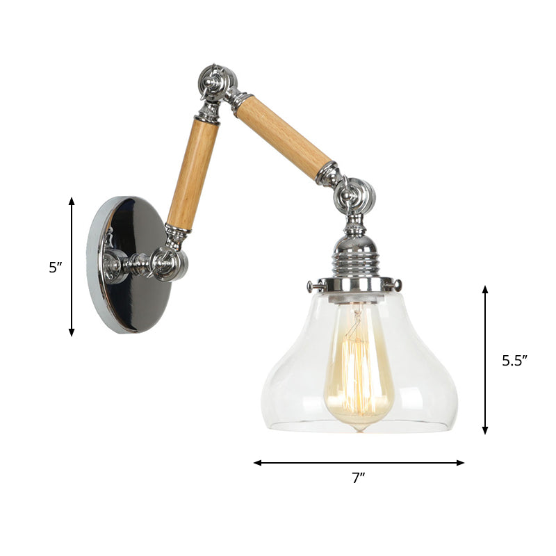 BowLift | Brown-Silver 1-Bulb Reading Wall Light Loft Clear Glass Bulb/Plate/Bell Shade Wall Lighting with Wood 2-Joint Adjustable Arm