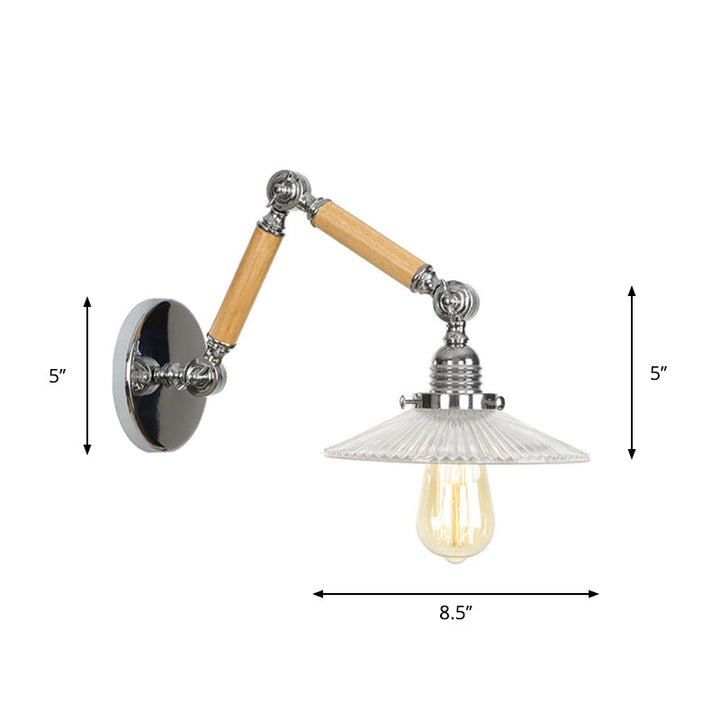 BowLift | Brown-Silver 1-Bulb Reading Wall Light Loft Clear Glass Bulb/Plate/Bell Shade Wall Lighting with Wood 2-Joint Adjustable Arm