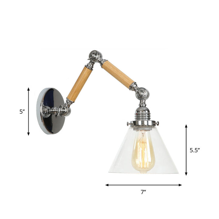 BowLift | Brown-Silver 1-Bulb Reading Wall Light Loft Clear Glass Bulb/Plate/Bell Shade Wall Lighting with Wood 2-Joint Adjustable Arm