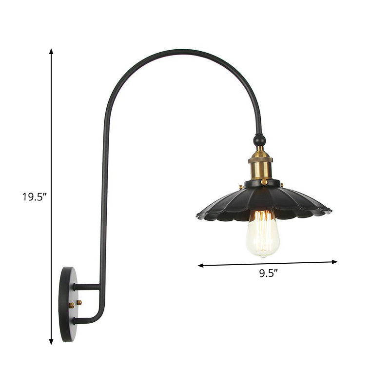 BowLift | Iron Barn/Bowl/Wave Cut Wall Light Kit Vintage 1 Bulb Nightstand Reading Wall Lamp with Curved Arm in Black