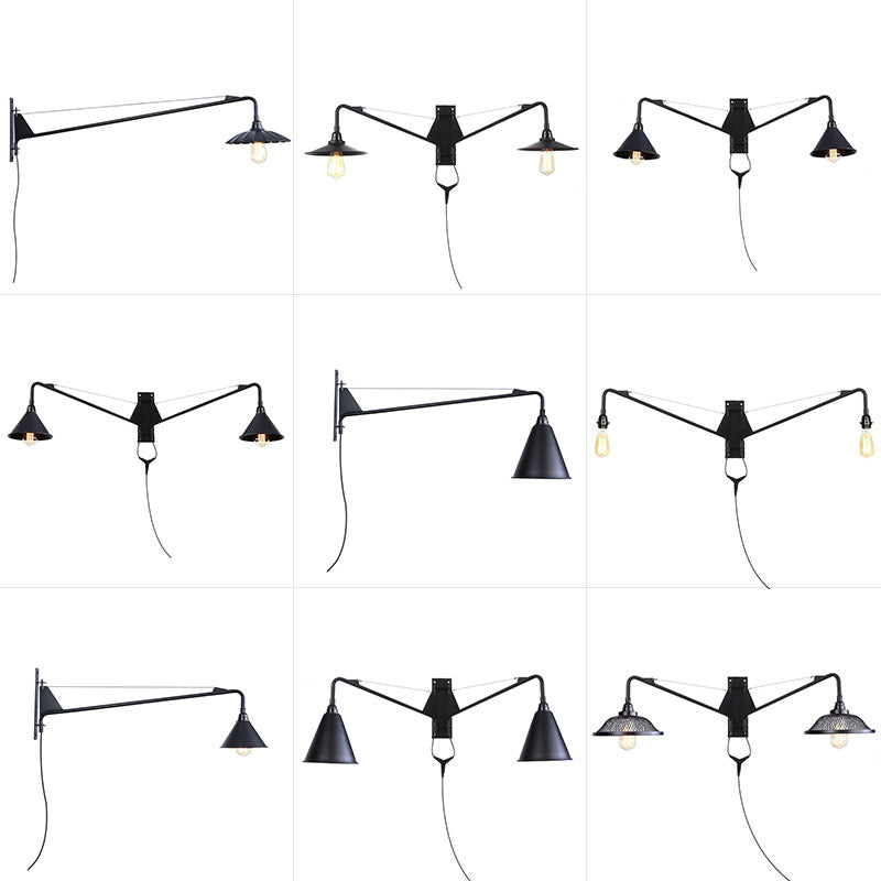 BowLift | Industrial Scalloped/Exposed Wall Lamp 1/2-Light Iron Plug-in Wall Mounted Lighting with Long Swing Arm in Black