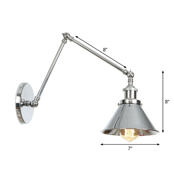 BowLift | Saucer/Cone/Horn Nightstand Reading Wall Lamp Factory Metal Single 6"/8" W Chrome Wall-Mounted Light Fixture with Rotatable Arm