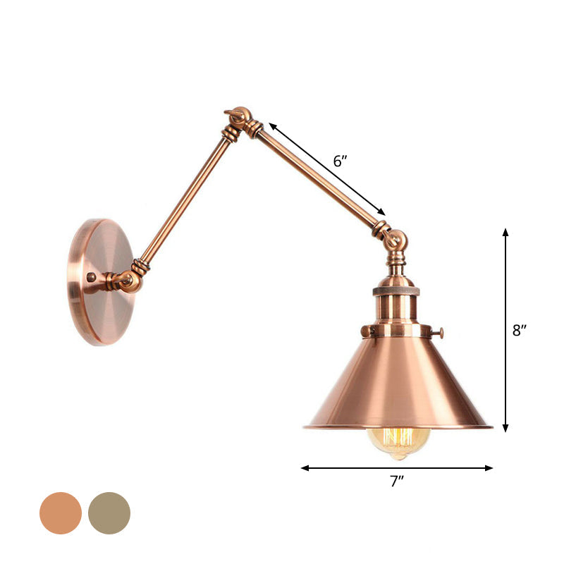 BowLift | 6"/8" L 2-joint swivel arm iron wall light industrial 1 bulb studio work wall lamp with cone shade in bronze/copper