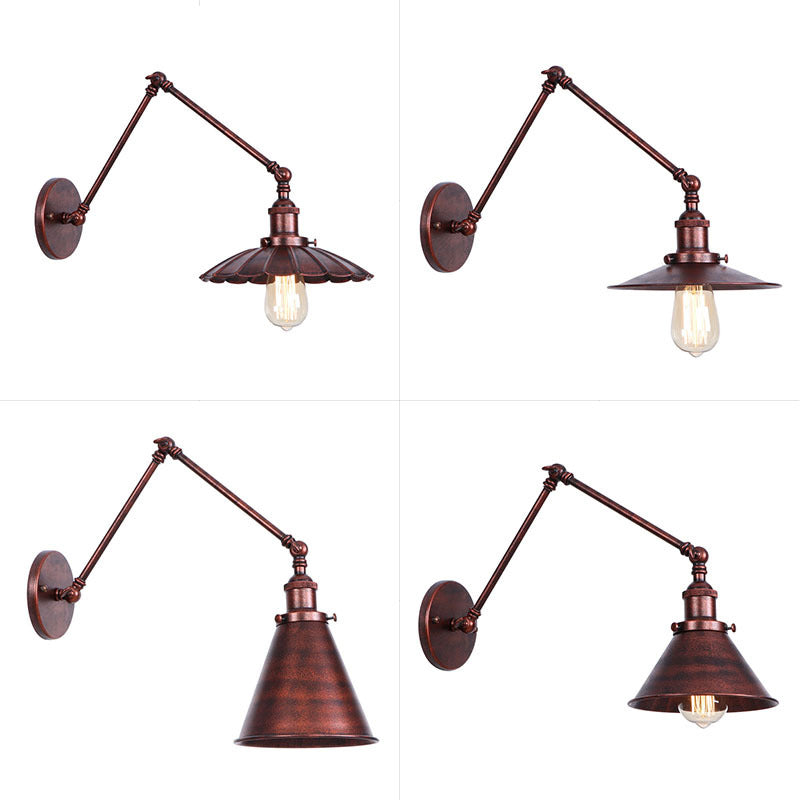 BowLift | Rust Scalloped/Horn/Cone Wall Lamp Loft 1 Main Workshop Wall-Mounted Reading Lamp with 6"/8" Long Swing Arm