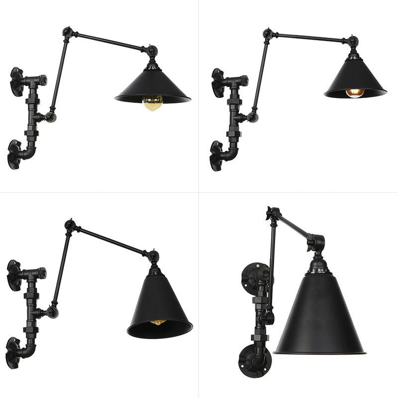 BowLift | Cone/Flared Living Room Wall Lamp Industrial Iron 1-Light Black Rotatable Wall Lighting with Water Pipe Mount
