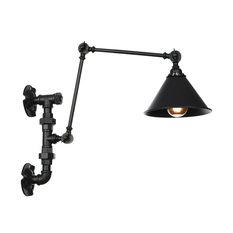 BowLift | Cone/Flared Living Room Wall Lamp Industrial Iron 1-Light Black Rotatable Wall Lighting with Water Pipe Mount