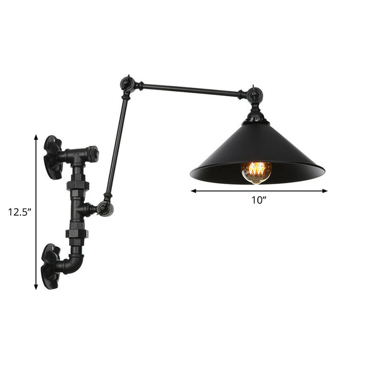 BowLift | Cone/Flared Living Room Wall Lamp Industrial Iron 1-Light Black Rotatable Wall Lighting with Water Pipe Mount