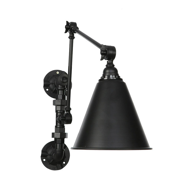 BowLift | Cone/Flared Living Room Wall Lamp Industrial Iron 1-Light Black Rotatable Wall Lighting with Water Pipe Mount