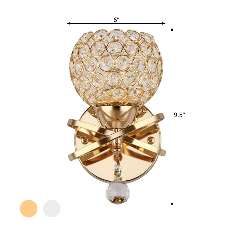 BowLift | Cross arm globe neck metal umbrella wall lamp crystal wall lamp in gold with hanging crystal ball