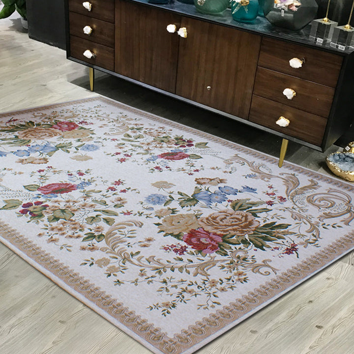 BowLift | Traditional Flower Pattern Carpet Khaki Retro Carpet Polyester Washable Pet Friendly Non-Slip Back Area Rug for Living Room
