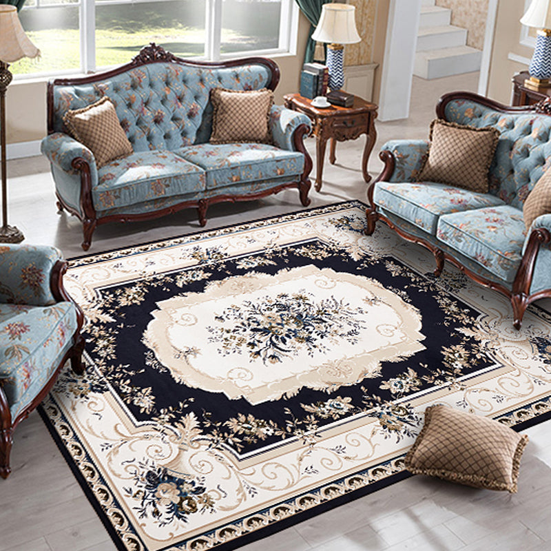 BowLift | Vintage Floral Pattern Carpet Blue and Black Polyester Indoor Carpet Machine Washable Non-Slip Backing Carpet for Decoration