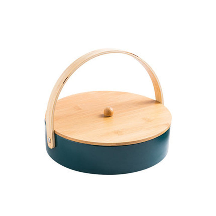Round serving and storage set with bamboo handle and three-part interior divider