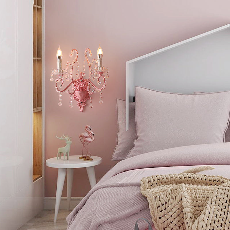 BowLift | Metallic Scroll Arm Wall Lamp Modernistic 1/2 Lights Wall Light with Crystal Berry Deco in Pink