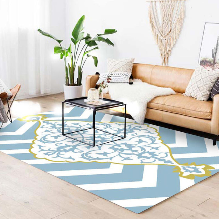 BowLift | Blue and white Moroccan carpet polyester medallion pattern carpet pet-friendly washable anti-slip backing carpet for decoration