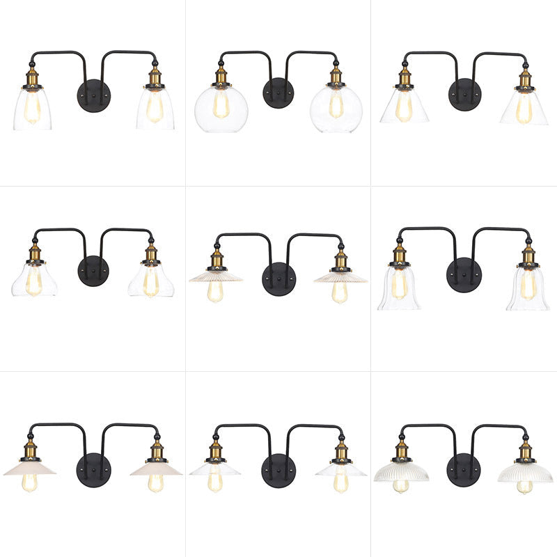 BowLift | Industrial conical/wavy/fanned wall lamp glass and metal black 2-bulb wall mounted lamp for indoor use