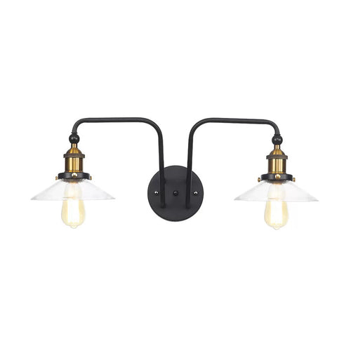 BowLift | Industrial conical/wavy/fanned wall lamp glass and metal black 2-bulb wall mounted lamp for indoor use