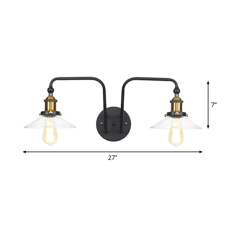 BowLift | Industrial conical/wavy/fanned wall lamp glass and metal black 2-bulb wall mounted lamp for indoor use
