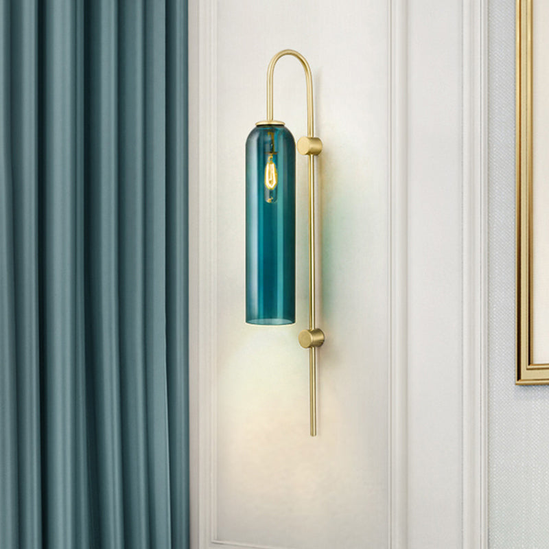 BowLift | Mid Century Gooseneck Wall Lamp Light Metal 1-Bulb Living Room Wall Lamp in Brass with Extended Blue Glass Shade