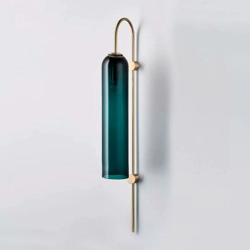 BowLift | Mid Century Gooseneck Wall Lamp Light Metal 1-Bulb Living Room Wall Lamp in Brass with Extended Blue Glass Shade