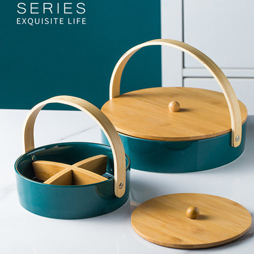 Round serving and storage set with bamboo handle and three-part interior divider