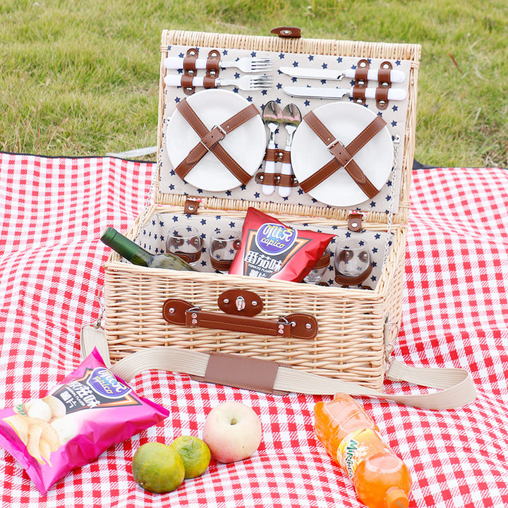 Ladies picnic basket with complete dinnerware set and practical carrying strap Bowlift