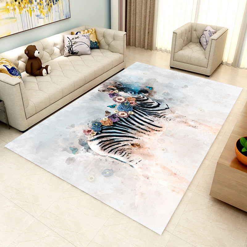 Modern zebra flower pattern carpet blue multicolor polyester rug washable non-slip backing rug for living room | Bowlift