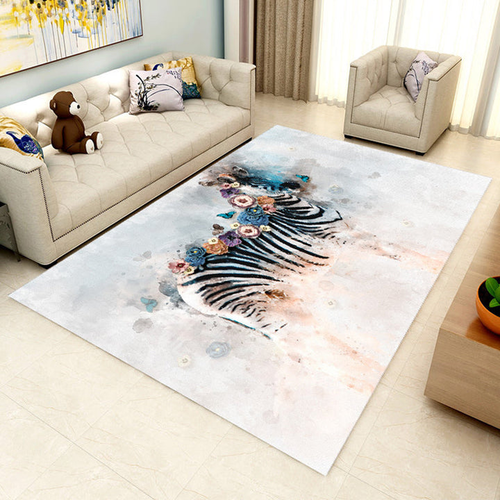 Modern zebra flower pattern carpet blue multicolor polyester rug washable non-slip backing rug for living room | Bowlift